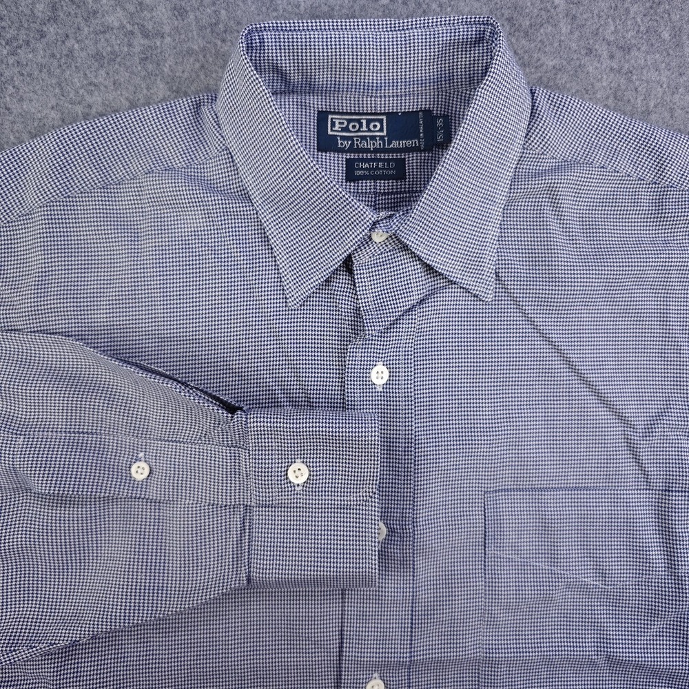Polo Ralph Lauren Chatfield Dress Shirt Mens 15.5 35 Blue Houndstooth Point...